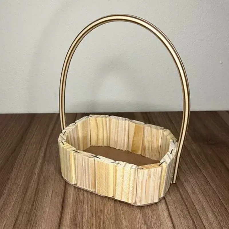 Cestas oval 16cm Fraldeira Madeira Decoração Luxo Alça Dourada