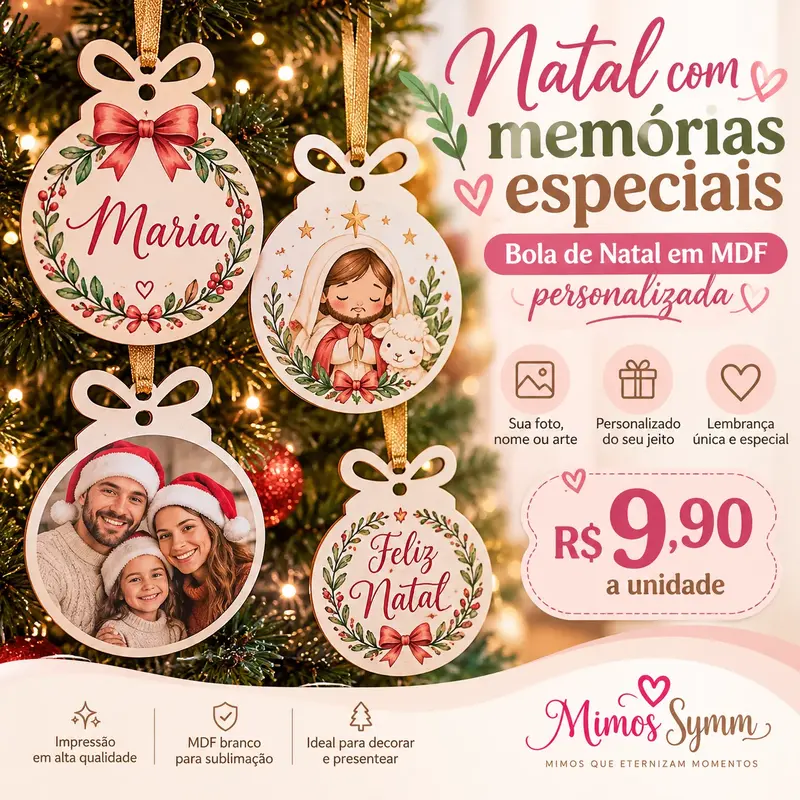 Bola de Natal Personalizada em MDF com Lacinho – Foto, Nome ou Arte 🎄