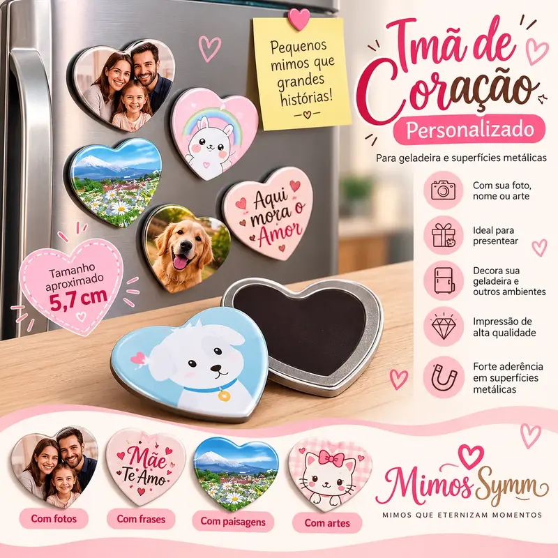Bottons Ímã de Geladeira Coração Personalizado com Foto – 57mm