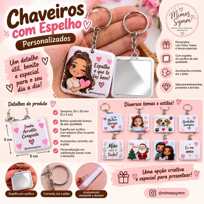 💕 CHAVEIRO QUADRADO PERSONALIZADO COM ESPELHO – 5 × 5 CM