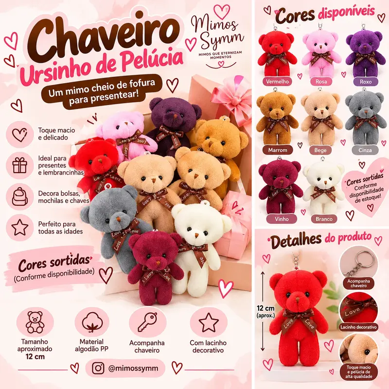 🧸 CHAVEIRO URSINHO DE PELÚCIA 12 CM – UM MIMO CHEIO DE FOFURA!
