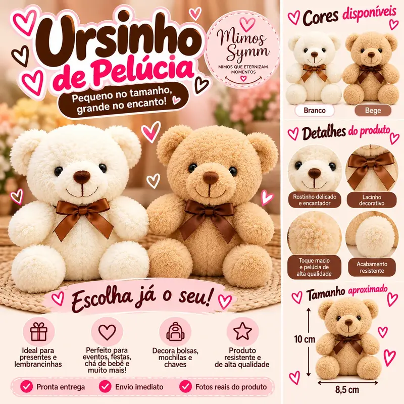 🧸 URSINHO DE PELÚCIA COM LACINHO – 10 CM
